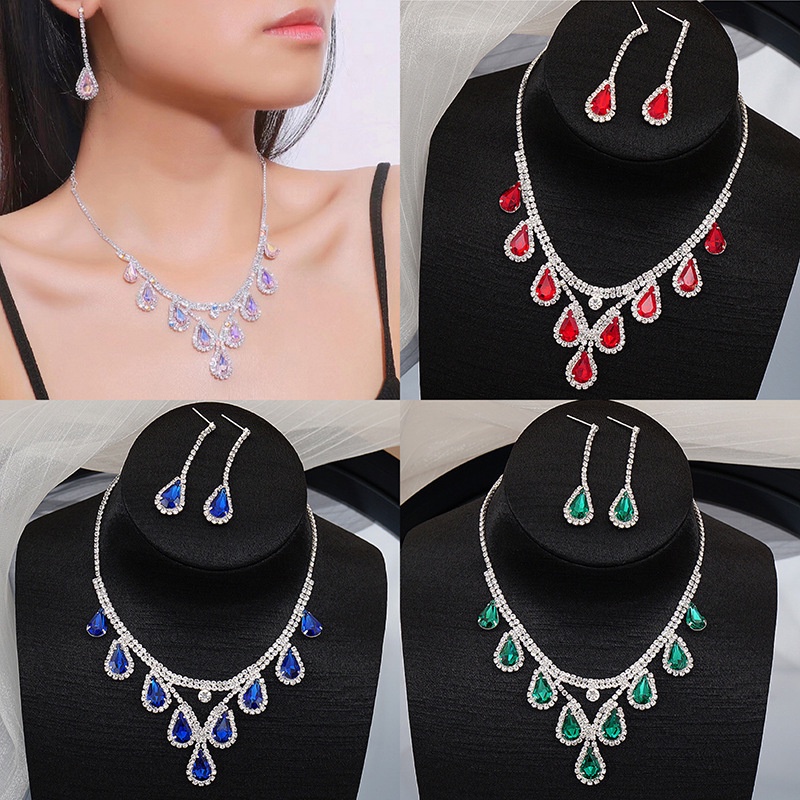 Set Anting Dan Kalung Aksen Kristal Berlian Warna-Warni