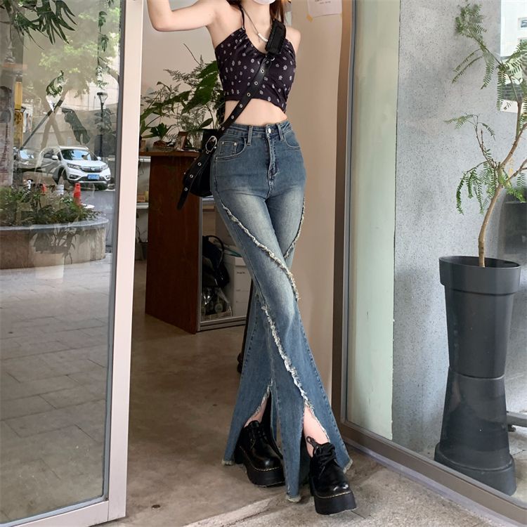 Suhao micro-flare versi Korea slim high-waisted wanita stretch micro-flare jeans celana panjang wanita all-match pelangsing kaki celana panjang trendi