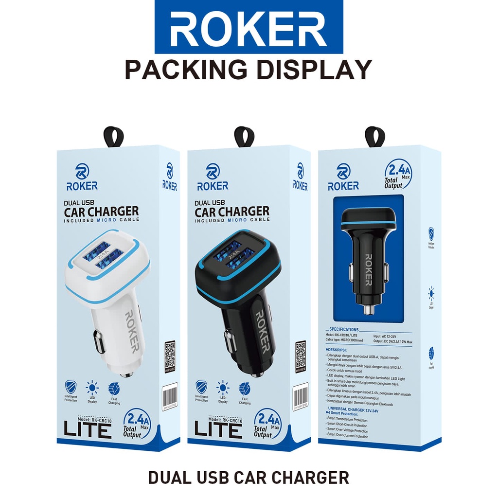 MINIGO Car Charger Roker Lite RK-CRC10 FREE MICRO CABLE Car Charger/Saver Roker Dual Usb 2,4A Rk-CRC10 Lite+Kabel Micro 2,4A