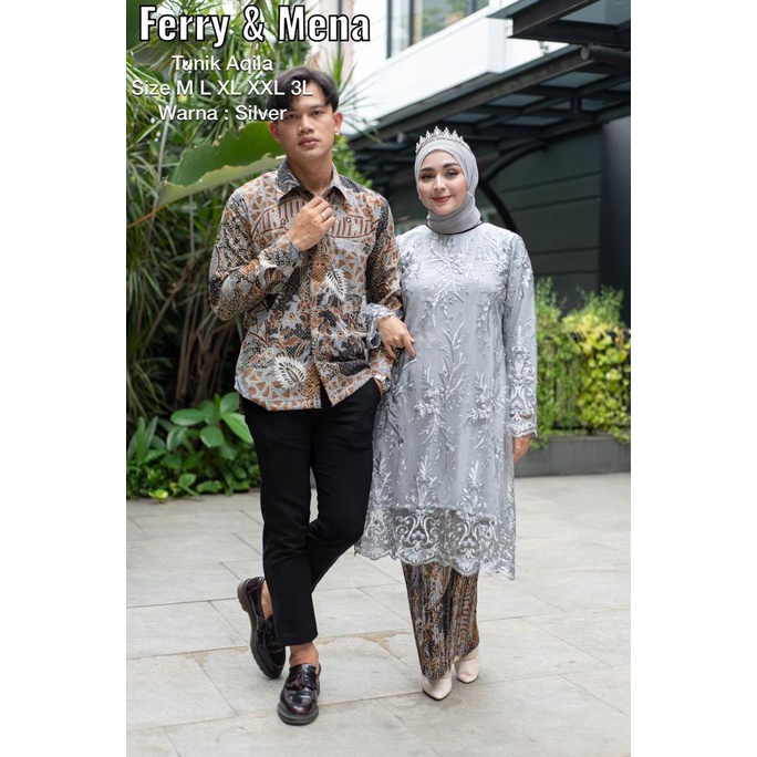 Baju Couple Pasangan set Kebaya Tunik Tulle SILVER MAROON batik pria Wisuda modern tunangan bali cou