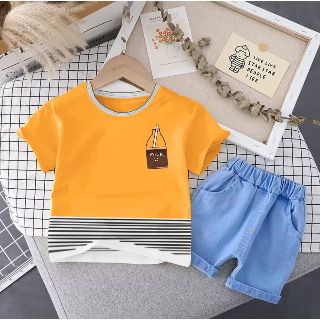 SETELAN ANAK BAJU KAOS TERBARU BAHAN KATUN CELANA PENDEK BAHAN DENIM UMUR 1-5 TAHUN