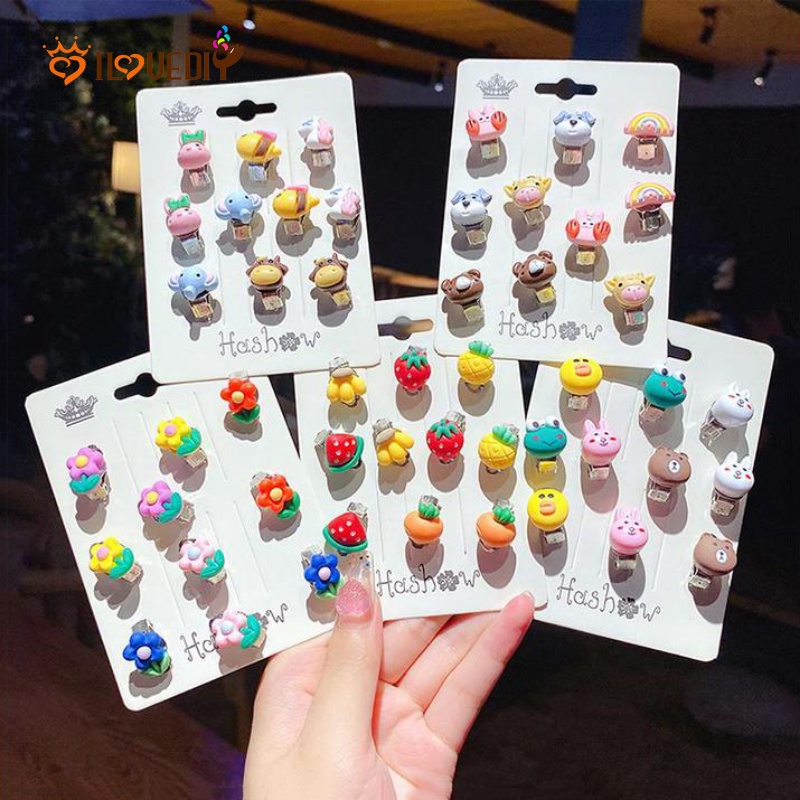 10pcs / Set Anting Klip Tanpa Tindik Desain Kartun Hewan Bunga Buah Bahan Akrilik Gaya Korea Untuk Anak Perempuan