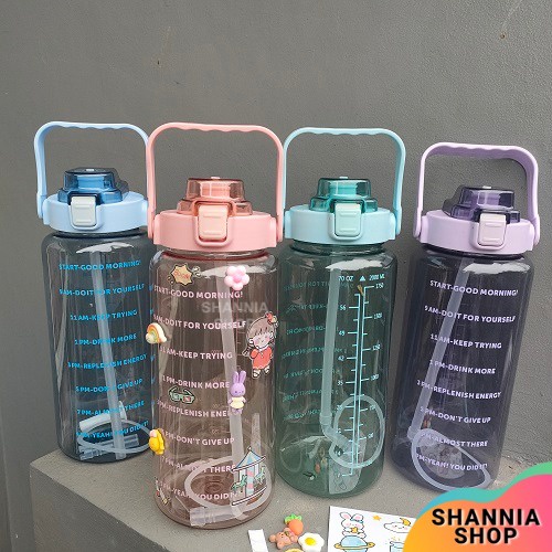 H9225-4 Botol Motivasi 2 Liter Bening Pegangan Anti Slip / Botol Minum Viral Jumbo 2000ml No Slip