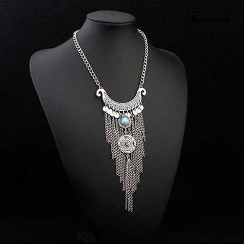 Kalung Rantai Choker Liontin Rumbai Panjang Turquoise Bahan Alloy Gaya Bohemian Untuk Wanita