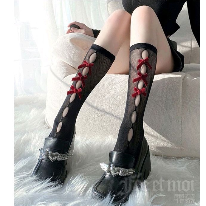 Kaos kaki Lolita Harajuku Sekolah Impor Korea Tinggi Panjang School Socks Model Jaring Pita Depan