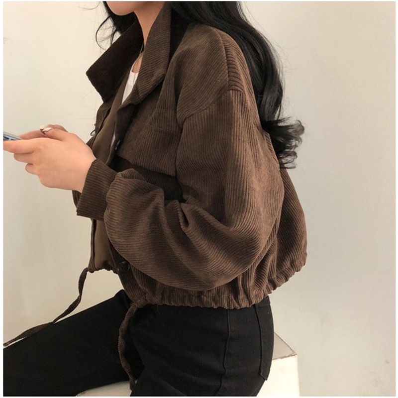 [3 Warna]Jaket Corduroy Wanita Outer Crop Korean Retro Style Jacket Hitam Pakaian Wanita