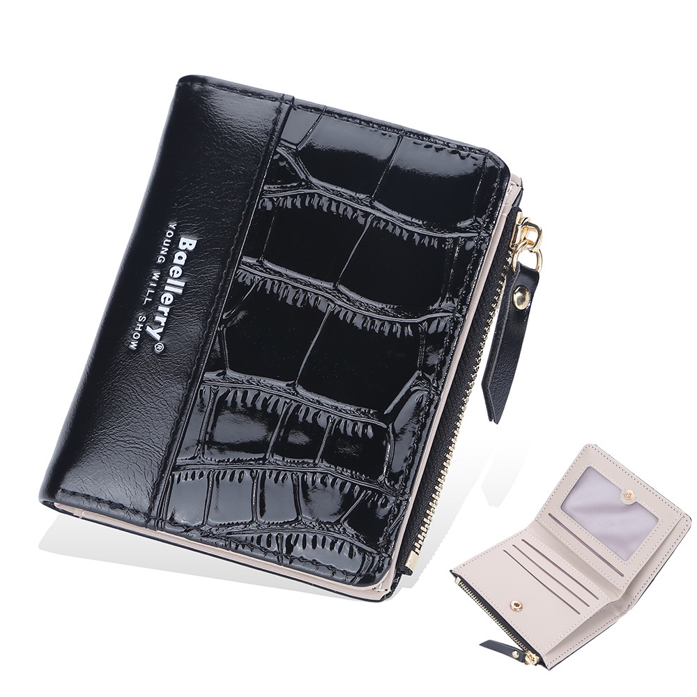 DOMPET LIPAT WANITA REMAJA KEKINIAN GLOSSY SIMPLE PREMIUM IMPORT MINI KULIT CROCO HITAM HOGARA WA608B5 KOREA CEWEK MURAH KARTU UANG KOIN KECIL PENDEK LUCU BRANDED