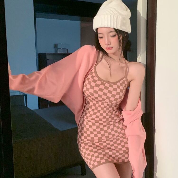 Red One-piece suit design feeling checkerboard slim slim sexy hot girl strap dress cardigan knitted jacket female