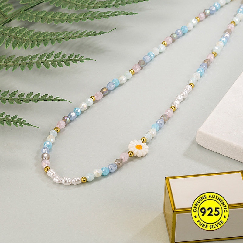 Kalung Rantai Dengan Liontin Bunga Kristal / Mutiara Untuk Wanita U1361