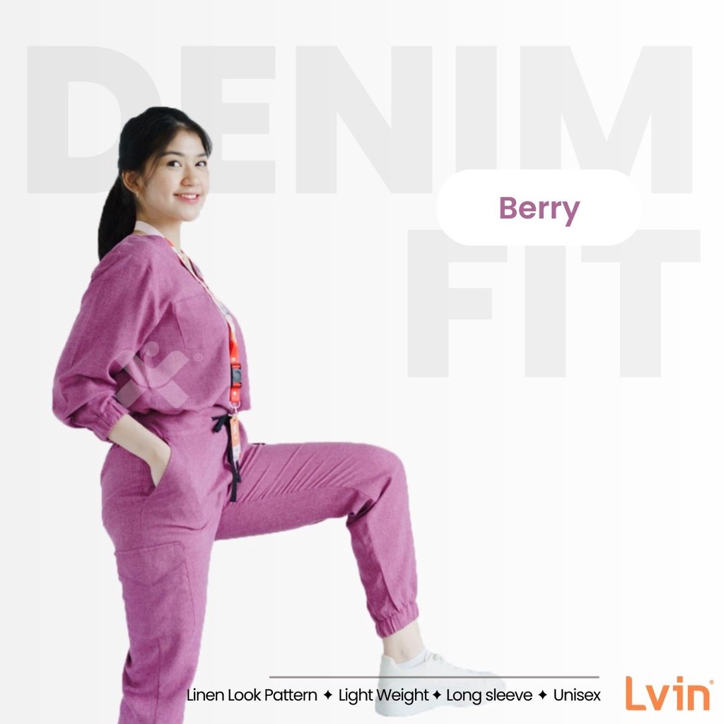 [ Lvin ] Vol IV - Denim 01 - Baju OKA Lengan Panjang Karet  Celana Joger / Baju oka joger / Baju Oka V neck / Baju Jaga / Set Baju Celana Jaga Oka / Dokter Lengan Panjang/ Baju OK two tone