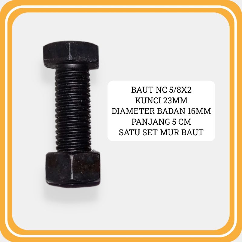 BAUT NC 5/8 X 2 KUNCI 23 PANJANG 5 CM NC - Baut Mur Hitam  NC 5/8X2
