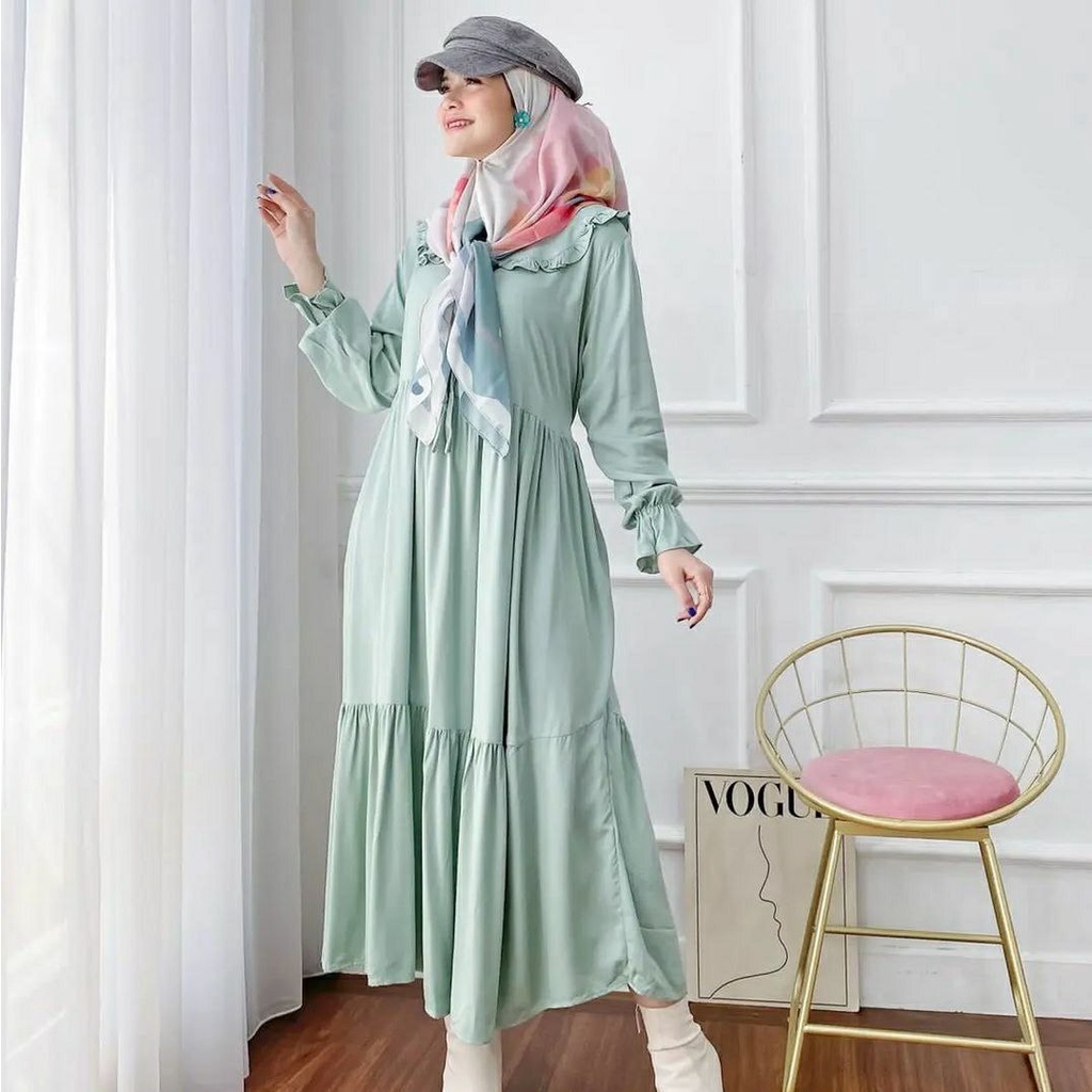 Hanny Sophia Midi Dress Wanita Rayon Premium Baju Wanita Kekinian Lengan Panjang Maxydress Polos Full Kancing LD 110 cm