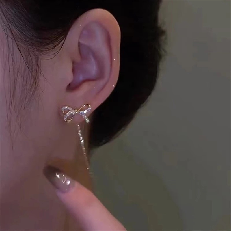 Zirkon Elegan Vintage Pengantin Panjang Rumbai Anting-Anting Fashion Manis Manis Berkilau Busur Liontin Anting-Anting Pesta Pernikahan Telinga Perhiasan Aksesoris Drop Earrings Untuk Wanita Perempuan