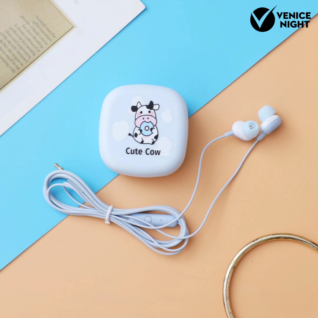 (VNEP) (Berkabel) Earphone Pengurang Kebisingan Universal Lucu 3.5mm Pola Kartun Sapi In-ear Earphone dengan Kotak Penyimpanan untuk Gadis