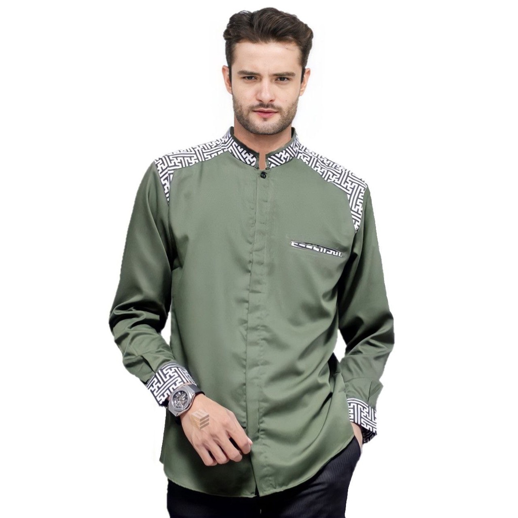 Baju Koko Pria Dewasa Lengan Panjang Warna Hijau Army Terbaru Series  - Baju Muslim - Koko Lengan Pa