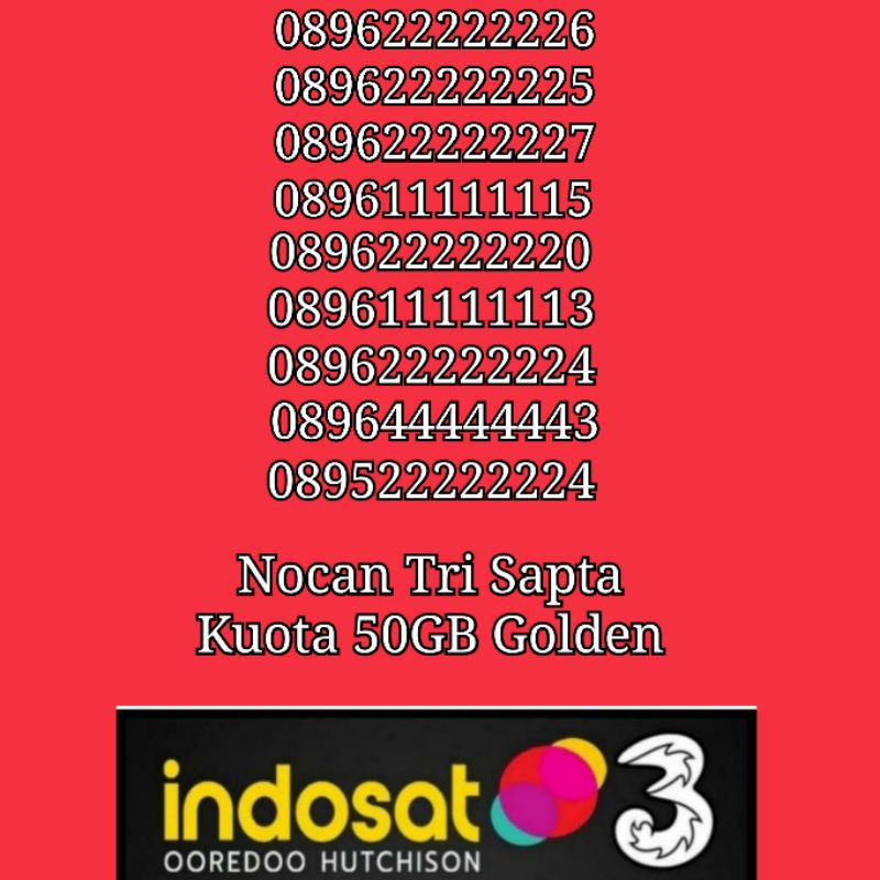 Nomor Cantik Nocan Sapta Tengah Kartu Perdana Tri Three 4G LTE Kuota 50GB