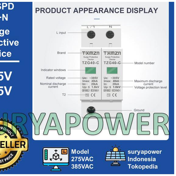 SPD AC - 1P+N - 275V 385V - SURGE PROTECTIVE DEVICE AC - TOMZN - TZG40 - 275V-10KA-KUNIN
