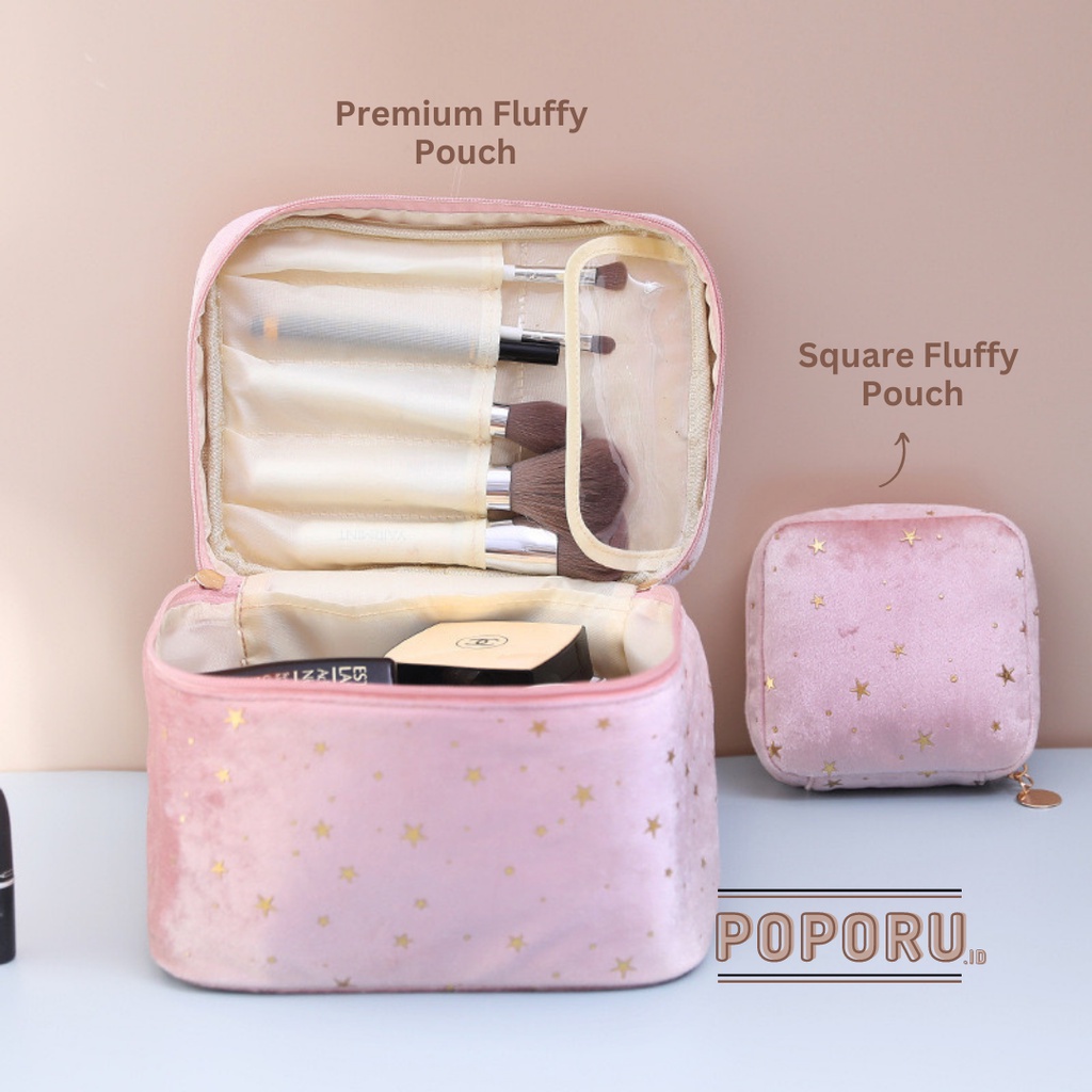 POPORU FLUFFY pouch 4 types - cosmetics bag organizer for make up - tas tempat kosmetik brush holder set