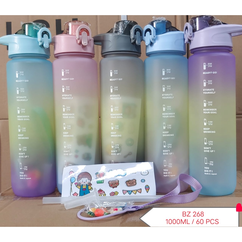 Botol Minum Viral 1 Liter Botol Minum Motivasi 1000 ML Rainbow Pelangi Viral Botol Warna Gradasi Korea Botol Motivasi Gradasi Kekinian Free Sticker 2D BPA Free Anti Tumpah