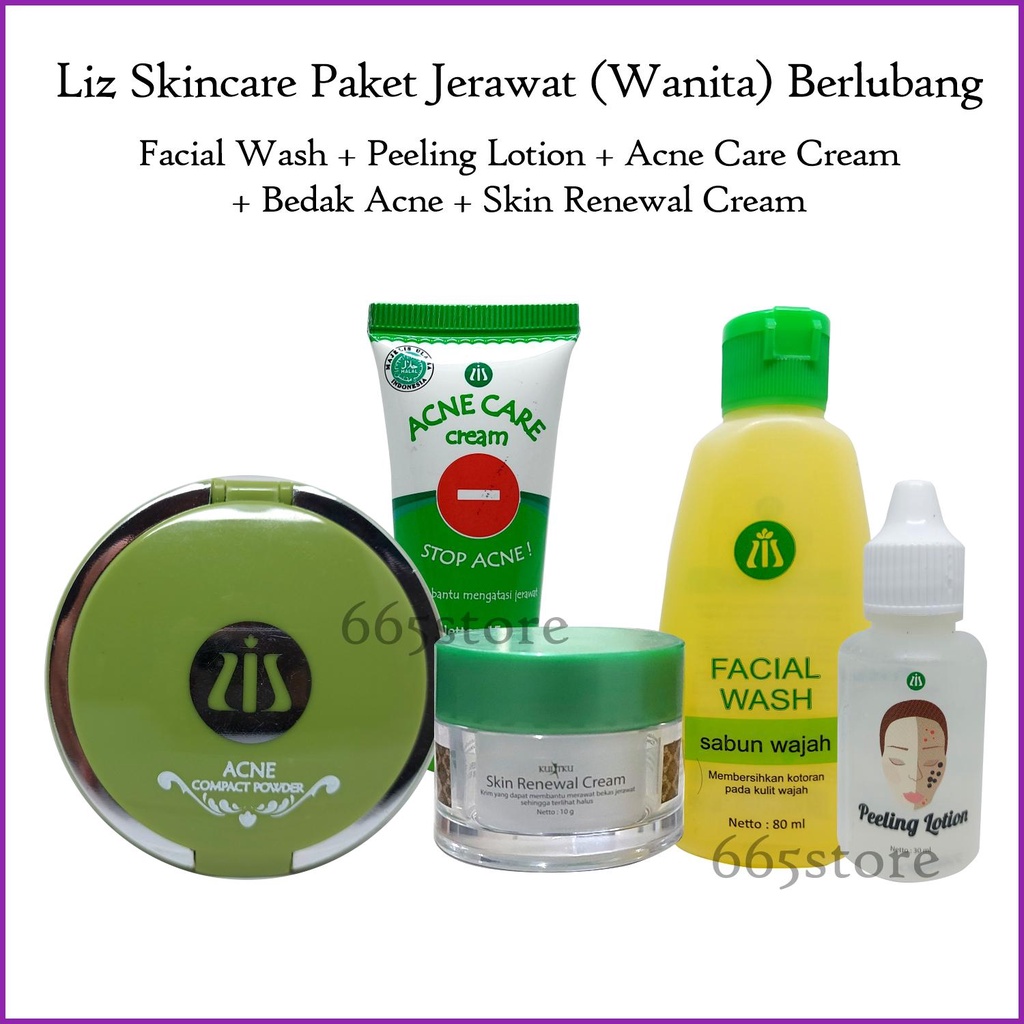 Liz Skincare 5 In 1 Paket Jerawat Wanita Berlubang - Facial Wash + Peeling Lotion + Acne Care Cream 