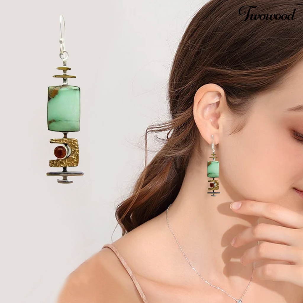 1 Pasang Anting Kait Juntai Bentuk Geometris Anti Karat Gaya Vintage Untuk Wanita