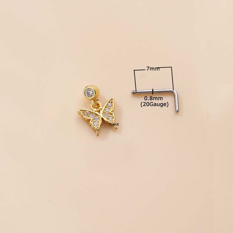 1pc Anting Tindik Hidung Bentuk L 20 Gage Motif Daun Butterfly Untuk Wanita