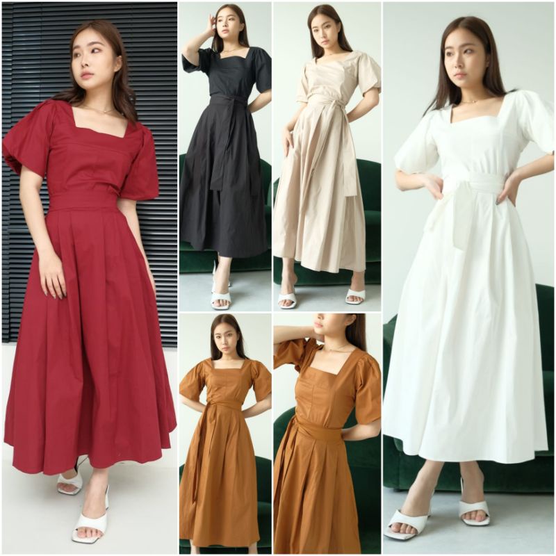 ♡ PREMIUM ♡ ORIGINAL ! ALLEANDRA 3 IN 1 PLAIN  SET SQUARE NECK PUFF SLEEVE BLOUSE WITH MIDI  FLARE SKIRT + OBI BELT
