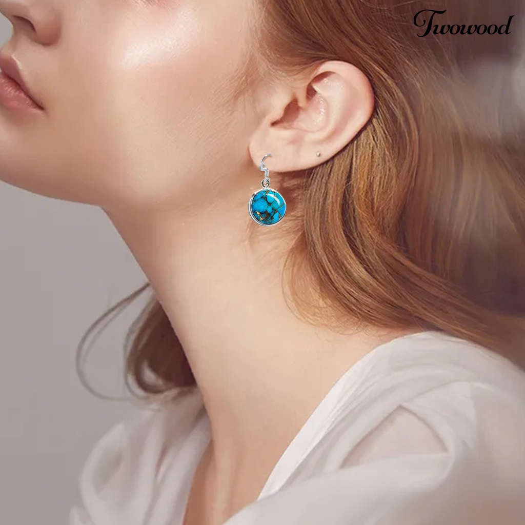 1 Pasang Anting Kait Gantung Desain Geometri Hias Turquoise Imitasi Hypoallergenic Gaya Retro Untuk Wanita