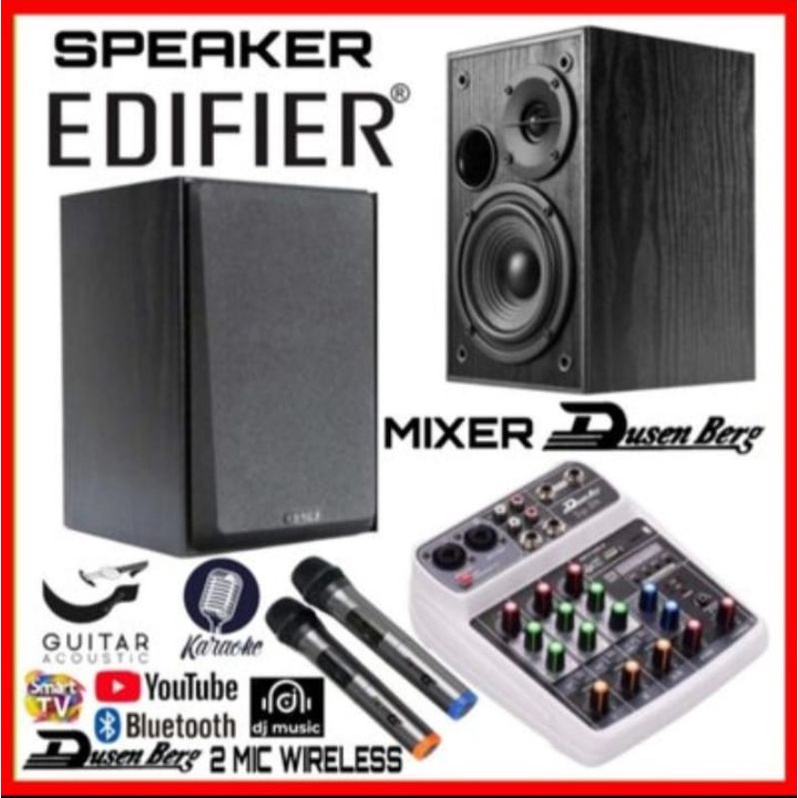 Paket Mixer Speaker Aktif Monitor, DJ Musik, Karaoke 2 Mic Wireless