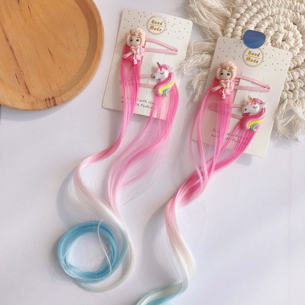 2pcs Jepit Wig Anak Perempuan Rambut Palsu Korea Impor Hairclip Pita Unicorn Frozen Cantik Premium