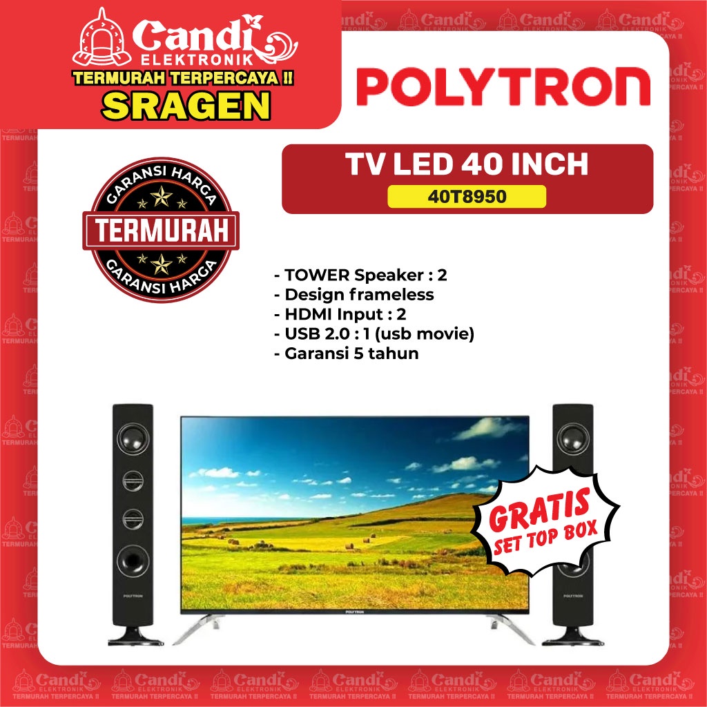 POLYTRON Tv Led 40 Inch Tower Speaker Gratis Set Top Box - 40T8950