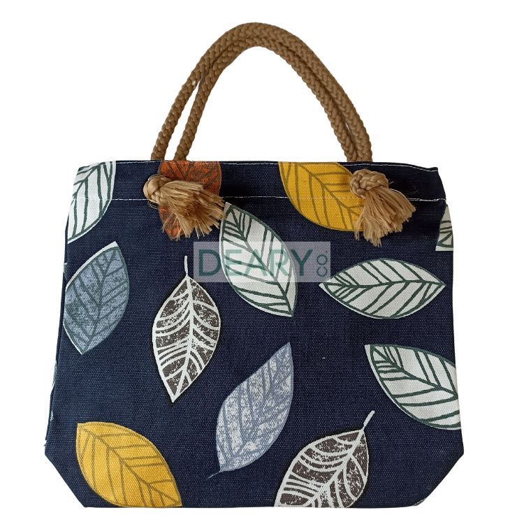 TOTE BAG CANVAS TALI SUMBU MOTIF DAUN TROPICAL UKURAN BESAR SERBA GUNA