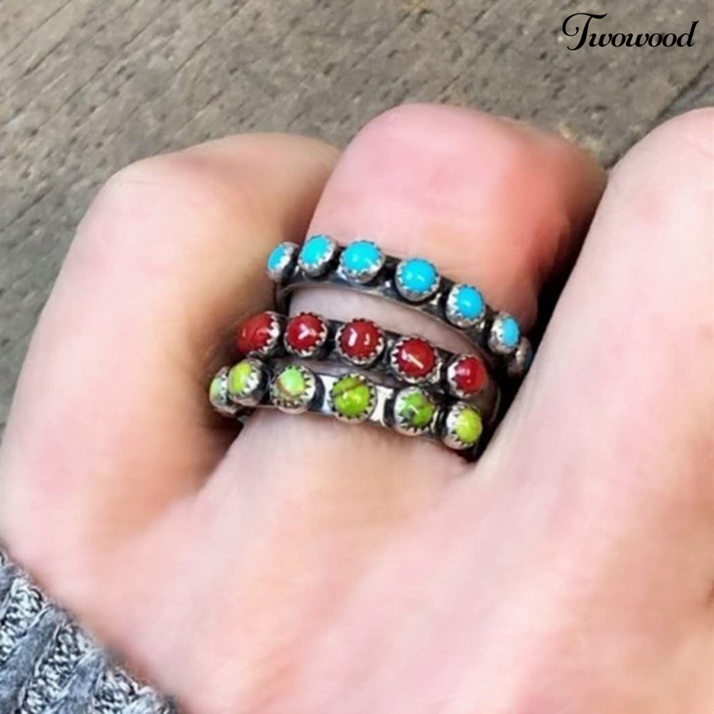 Cincin Manik-Manik Bulat Kecil Turquoise Gaya Retro Etnik Untuk Wanita