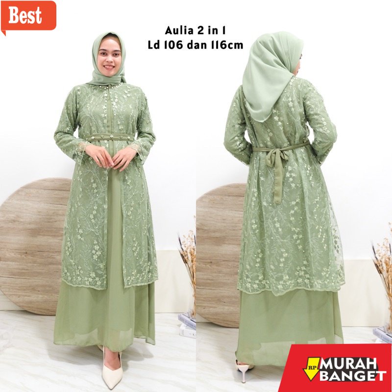 model dress terbaru 2022 Aulia 2in1 maxi dress outer/tule mutiara outer/ rompi kondangan/ gamis tull