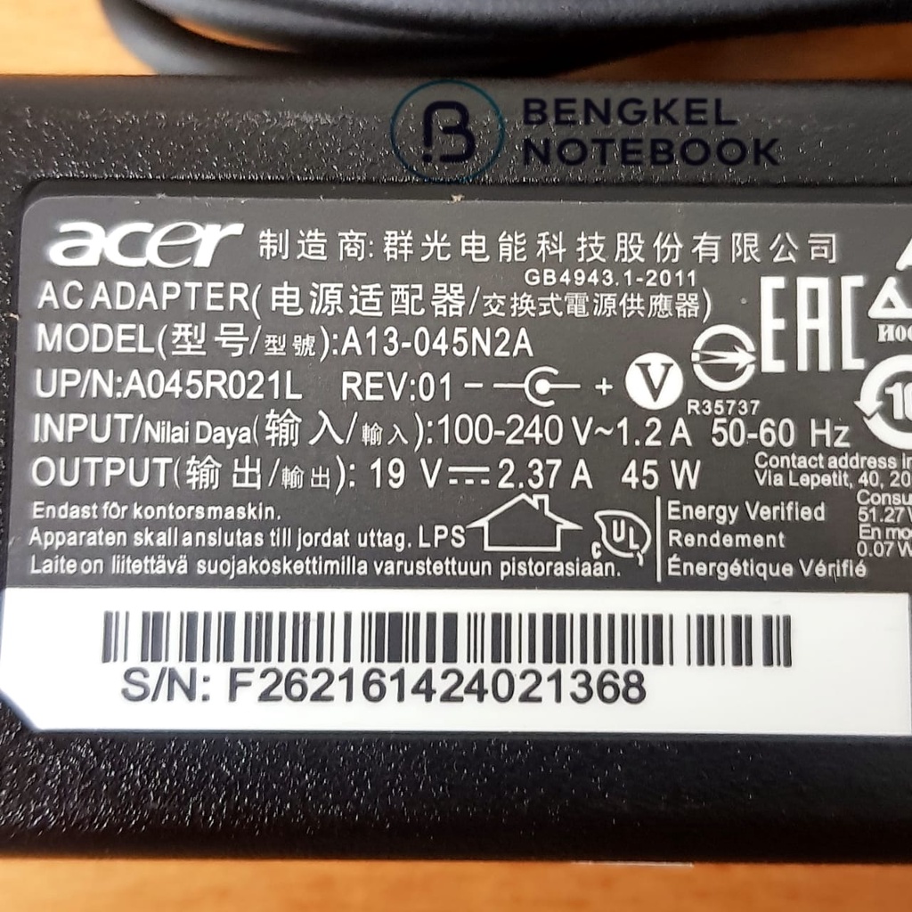 Adaptor Charger Acer 19v - 2.37A Small Plug 30x11mm