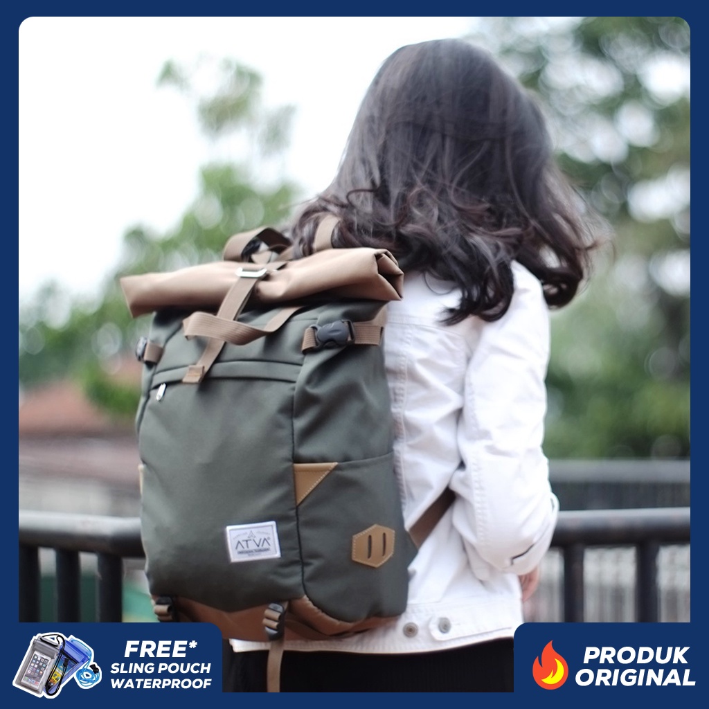 HARRIER OLIVE KHAKI ORIGINAL x ATVA Ransel Casual Pria Wanita Daily Backpack Kuliah Kampus Kerja Kantor Sekolah SMA SMK Remaja Dewasa Tas Punggung Laptop Ukuran Besar 14 Inch Rolltop Bagpack Distro Premium Roll Top Outdoor Travel Bag Kekinian Branded