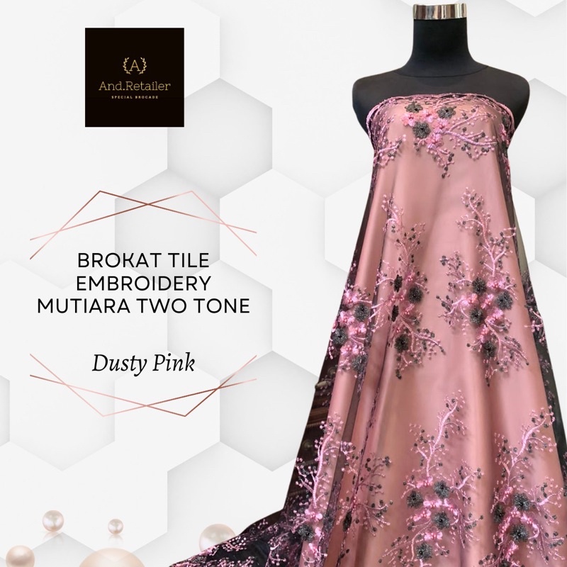 Bahan Kebaya Mewah Brokat Hitam Embroidery Stone Mutiara Athena 2 tone Dusty Pink