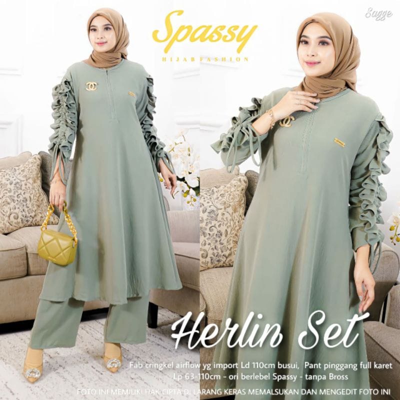 Setelan Wanita Terbaru Herlin Set Baju Putih Long Tunik Muslim Celana Panjang One Set Wanita Kekinian Matt Cringkle AirFlow