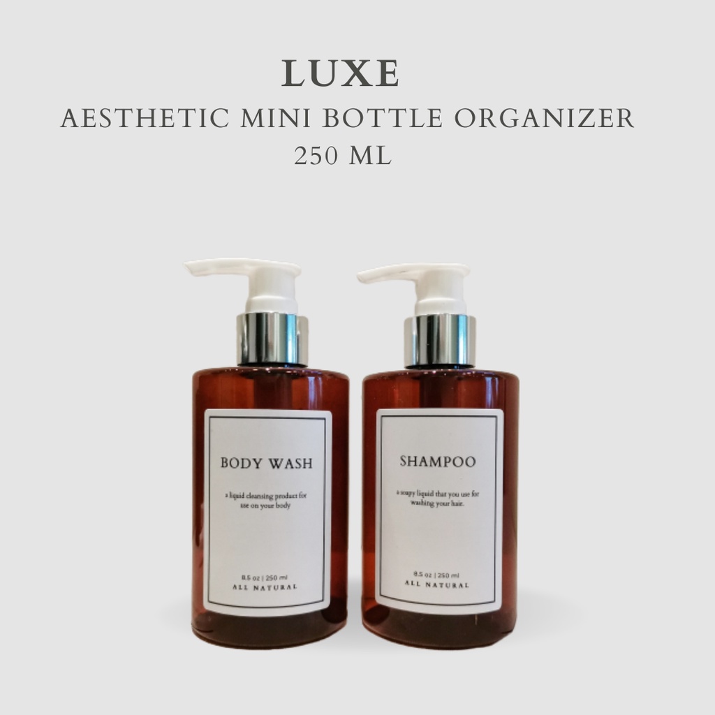 LUXE Botol MINI AMBER Label KOTAK PUTIH 250 ml Aesthetic Bottle Refill | Botol refill sabun /botol refill sabun/ botol isi ulang/botol sabun refill/botol sabun/botol pump/botol anak/bathroom organizer/bathroom amenities