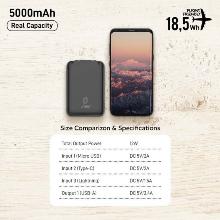 Uneed Powerbank 5000 mAh with Cable Type-C ,Micro USB,Lightning UPB201 Original