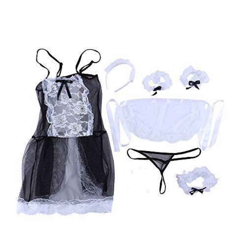 OliveShop ❤️ Lingerie Set Sexy Seksi Cosplay Pelayan Maid Renda Transparan Tanpa Stoking 1018