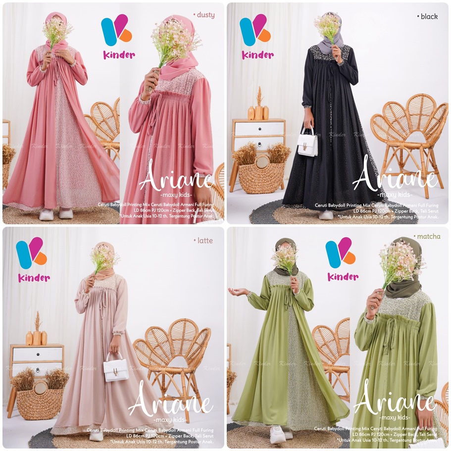 ARIANE DRESS ANAK / 18.7 / BAHAN CERUTY BABYDOLL FULL FURING/ LD 86 CM / PB 120 CM / ANAK 10-12 TH / KINDER