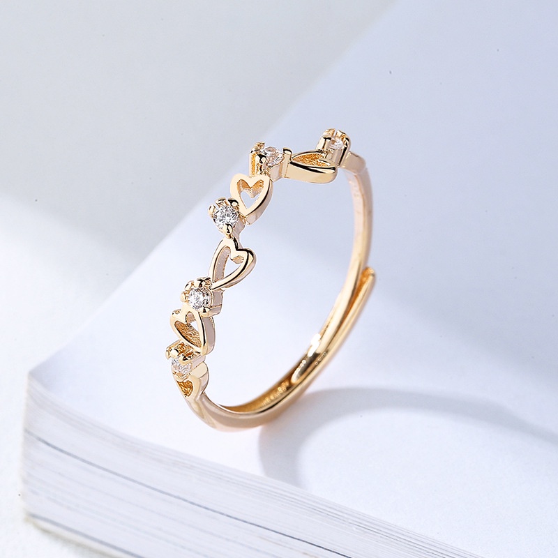 Gaya Korea Sederhana Cinta Hati Zirkon S925 Sterling Silver Lapis Emas Wanita Fashion Perhiasan Pernikahan Pertunangan Rings Adjustable Size