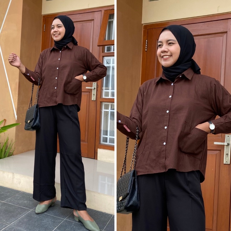 BLOUSE WANITA LINEN POLOS SAKU DEPAN KEMEJA BASIC SHIRT LINEN  TERBARU