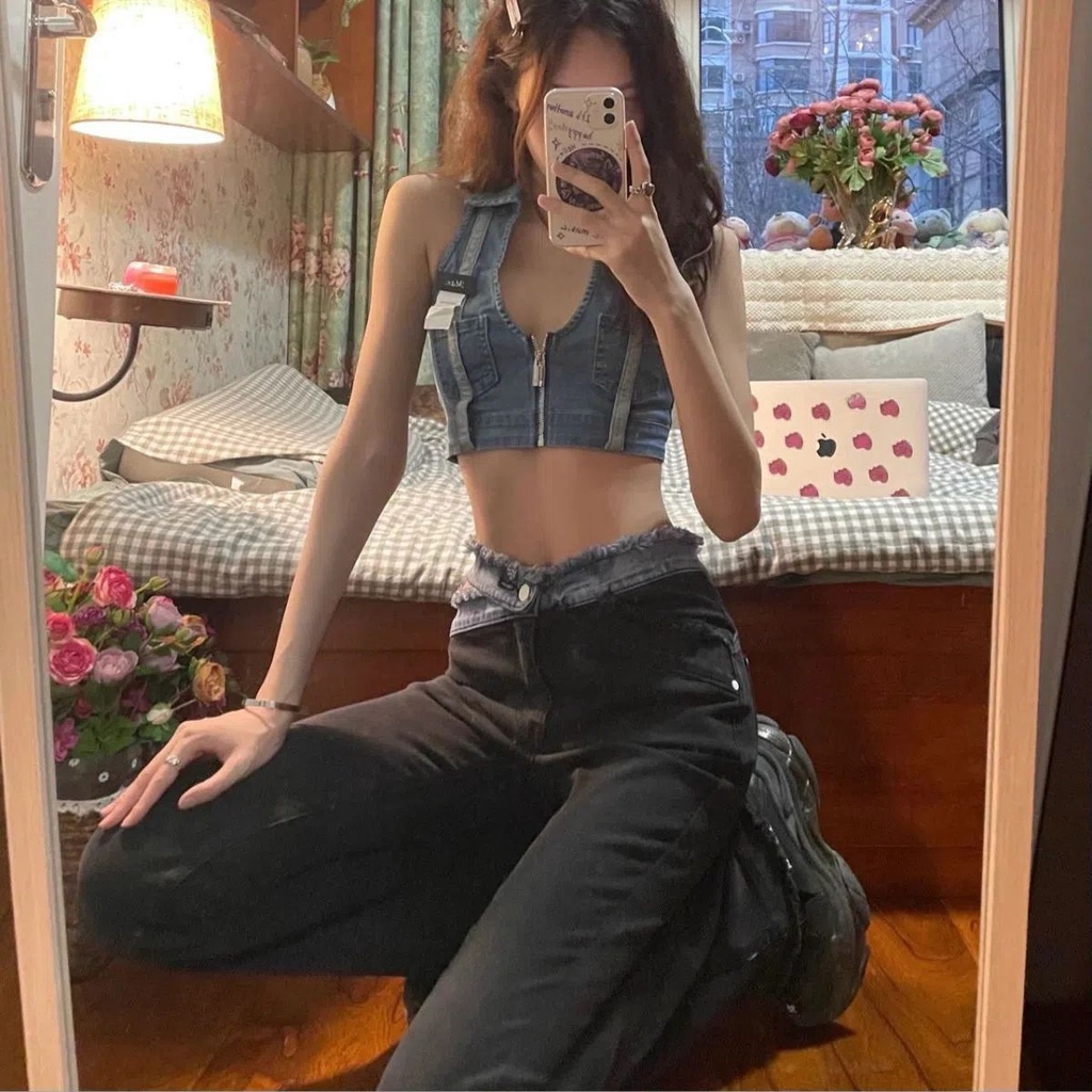 Suhao Spice Girls High Waist Micro Flared Jeans Wanita Akal Desain Niche Musim Gugur 2022 Baru Hitam Horseshoe Celana Ins