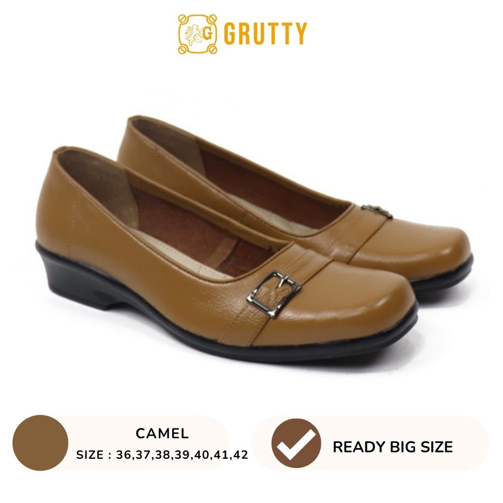 Grutty Sepatu Wanita Kerja Asli Kulit Pantofel Wanita Ready Big Size Warna Camel