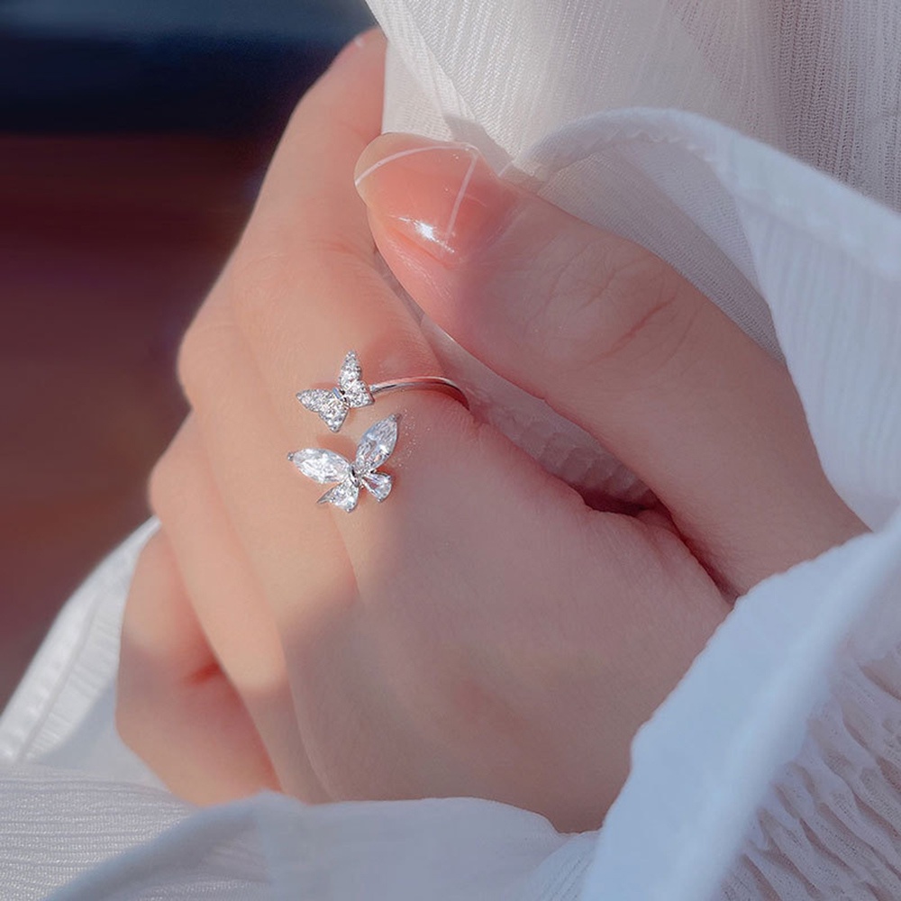 Cincin Sterling Silver S925 Bentuk Kupu-Kupu Aksen Zircon Berlian Imitasi Gaya Korea Untuk Wanita