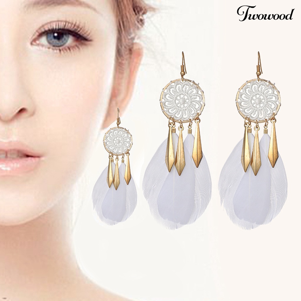 1 Pasang Anting Kait Rumbai Bentuk Dream Catcher Bulu Gaya Bohemian Untuk Pesta Pernikahan