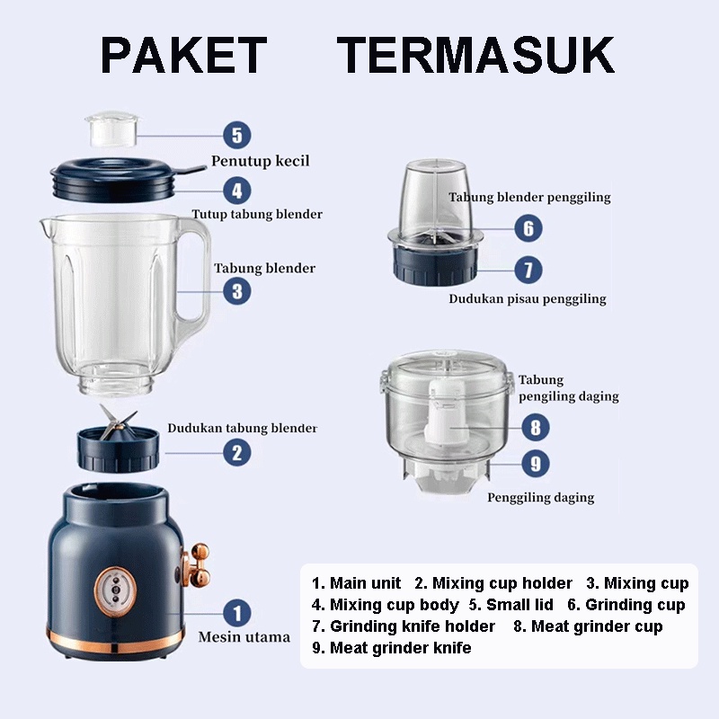 Blender 3 in 1 Mesin Blender Desain Retro Bayi Food Chopper 1.5L Food processor