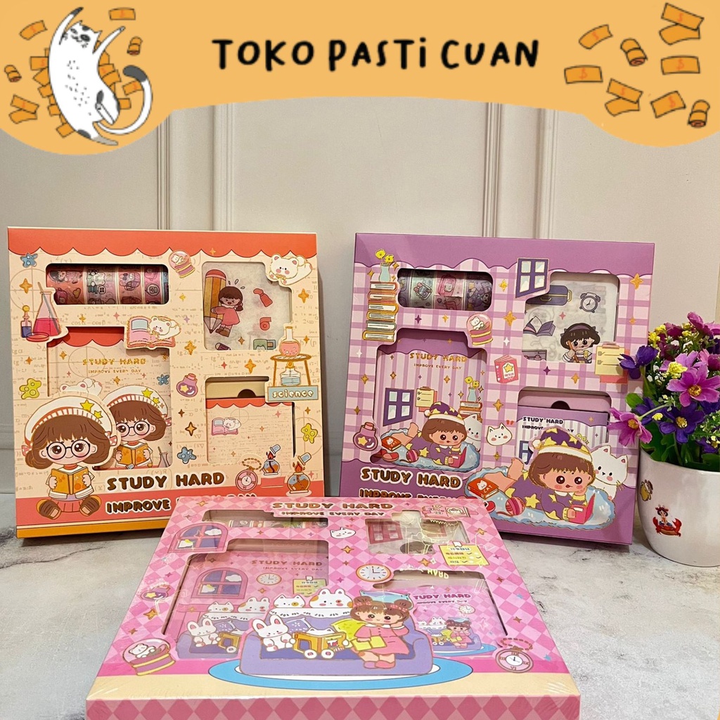 

paket sticker study hard (4 in 1) (WASHI TAPE |STICKER|STICKY NOTES|NOTEBOOK A5) karakter cewe lucu imut lakban keren elegan fancy atk imut bisa COD termurah import